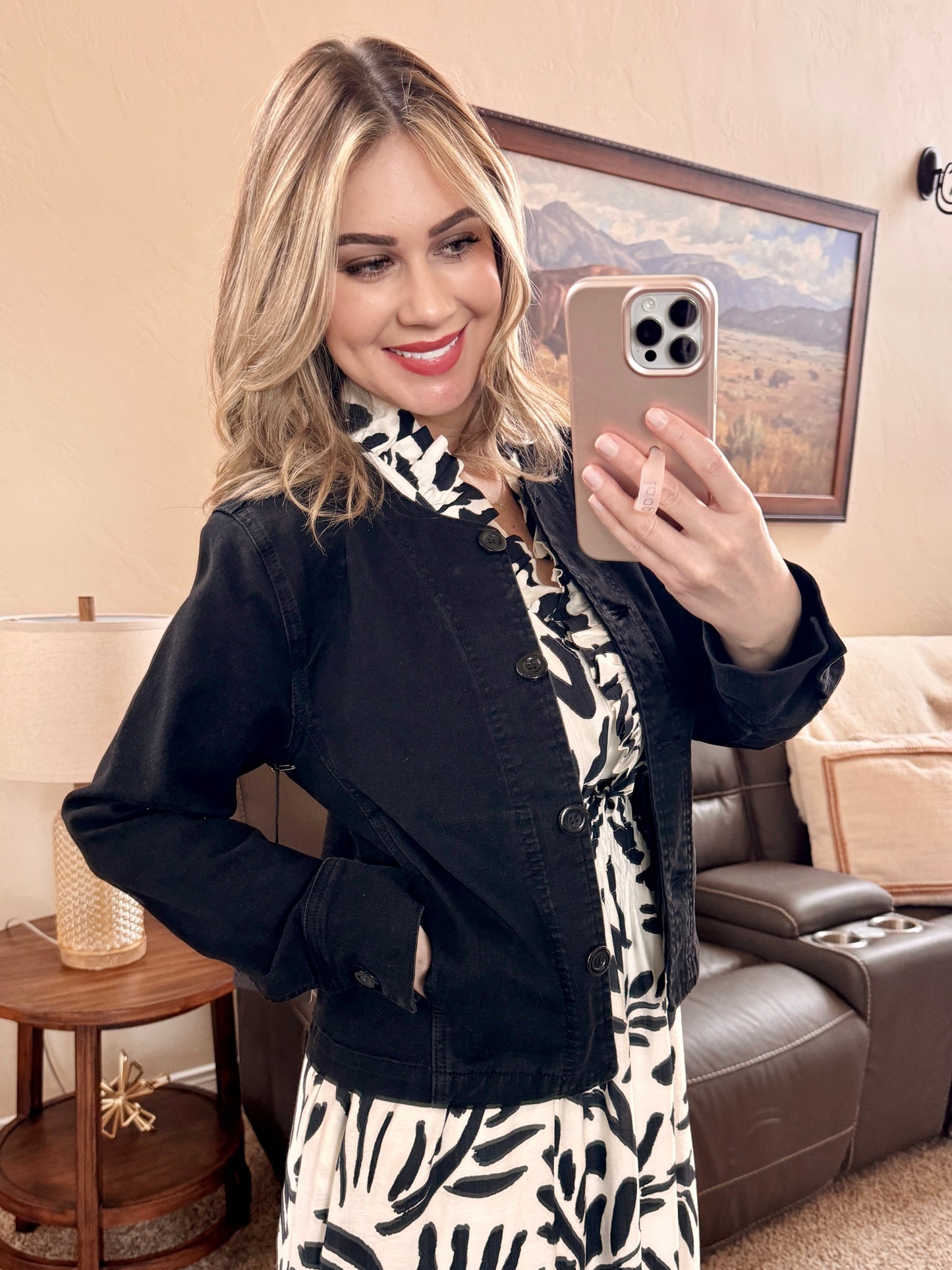 Collarless Black Denim Jacket