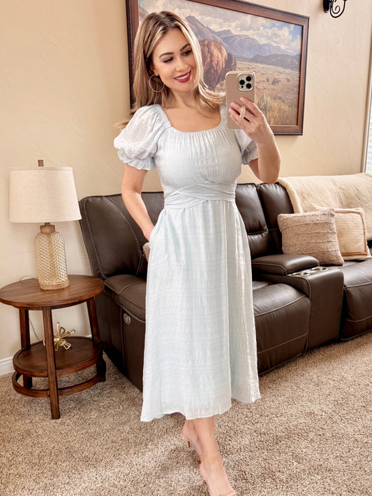 Tie Waist Textured Dress in Powder Blue