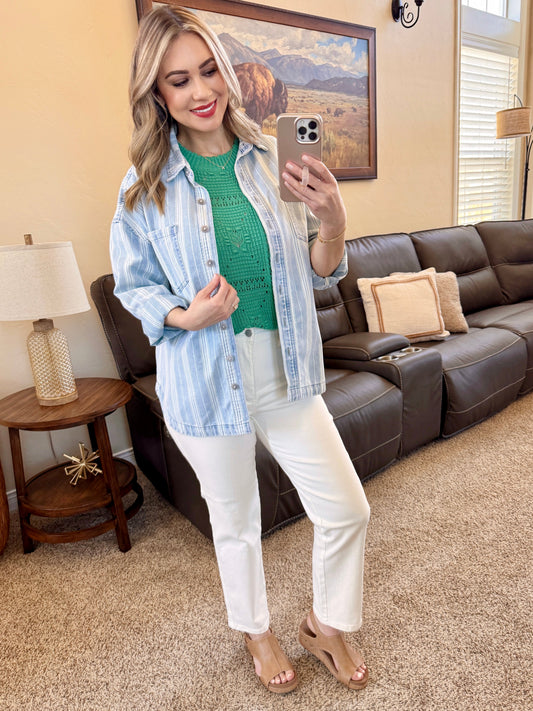 Pin Stripe Denim Shacket In Light Wash & White