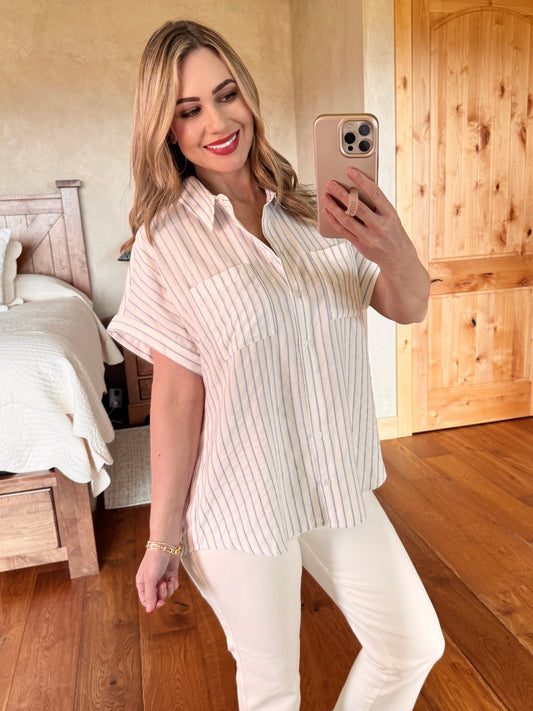 Blue Striped Dolman Sleeve Button Up Top