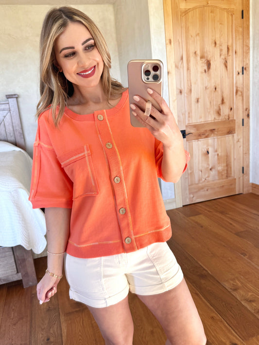 Half Sleeve French Terry Sweatshirt Top In Melon