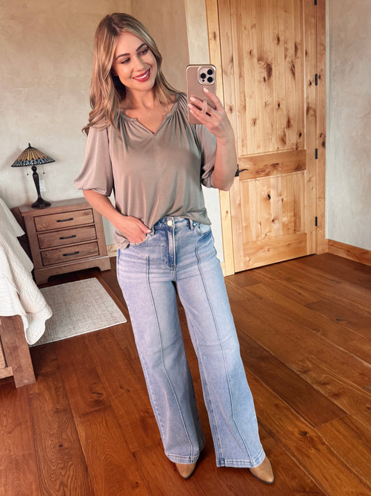 Risen Wide Leg Pin Tuck Detail Jeans