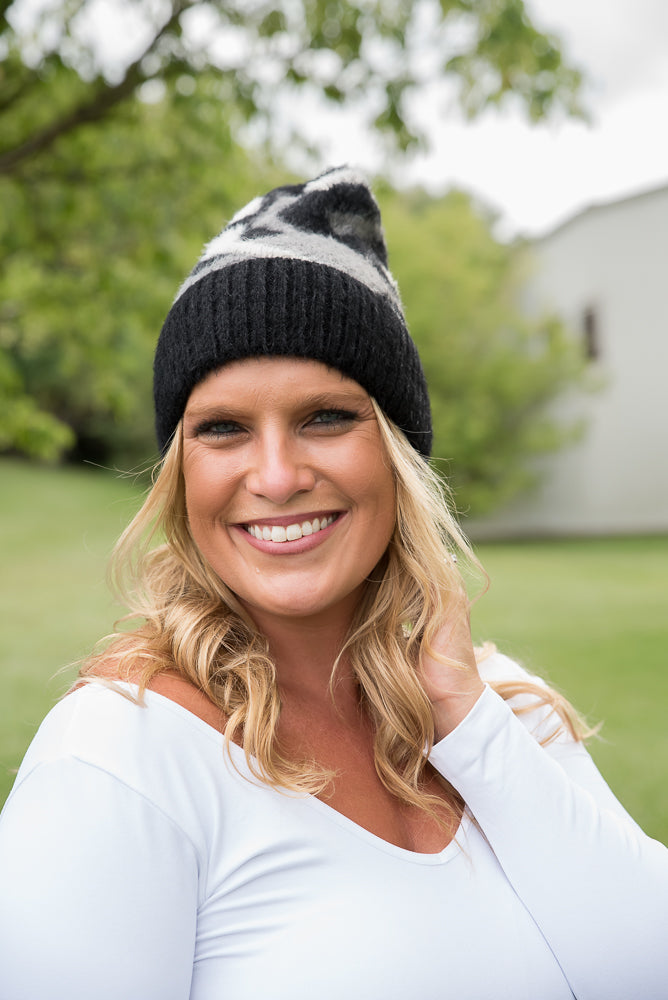 Fuzzy Leopard Beanie in Black