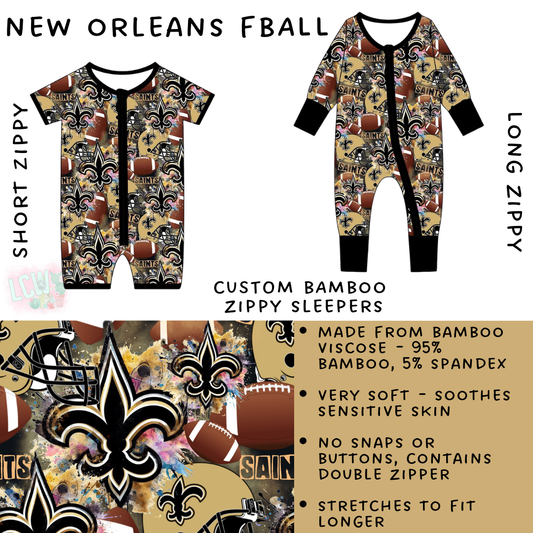 Batch #154 - Bamboo Football Pajamas - Closes 7/15 - ETA early Sept - New Orleans FBall Short and Long Zippy Sleeper