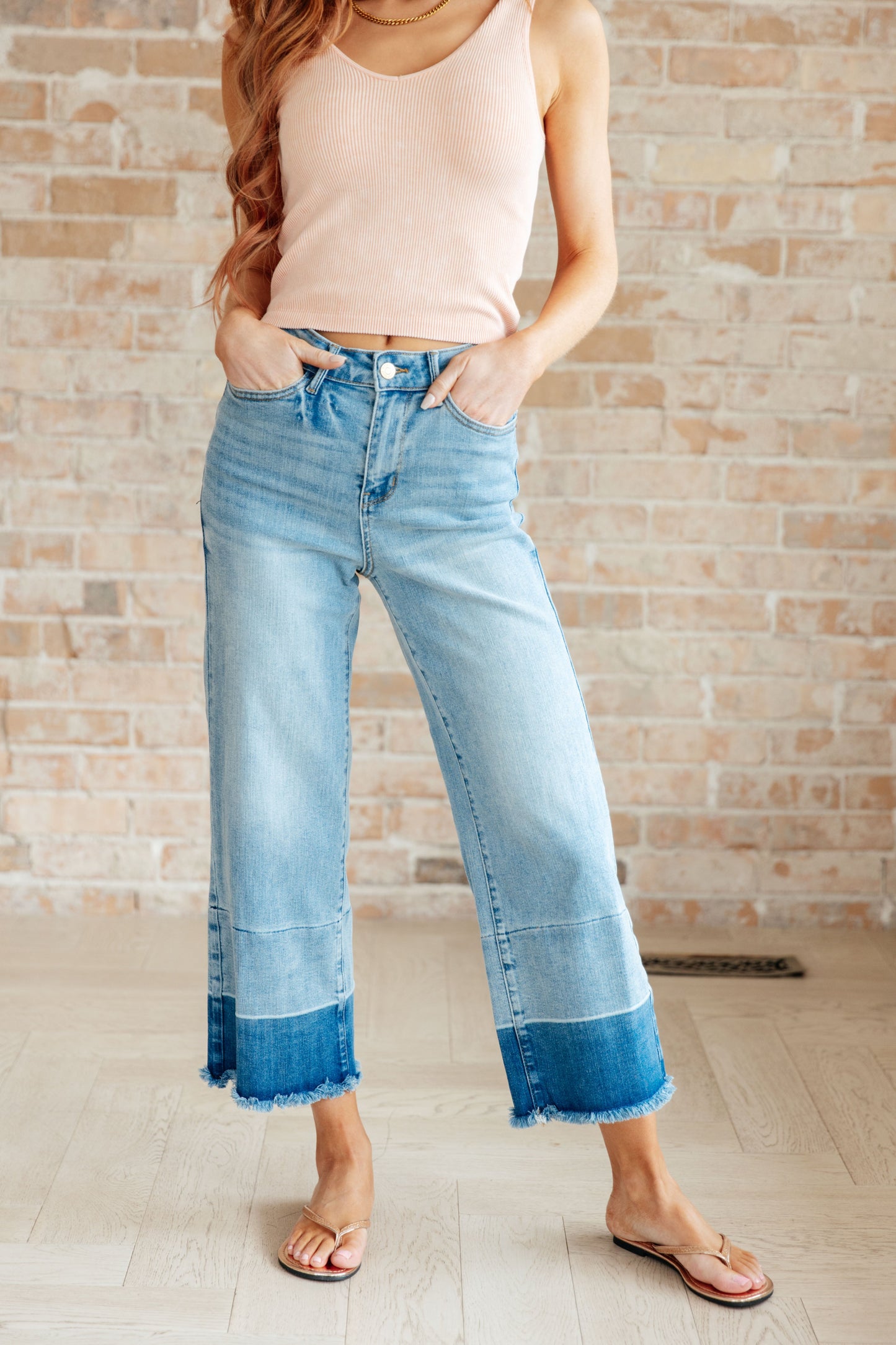 Olivia Judy Blue High Rise Wide Leg Crop Jeans in Medium Wash