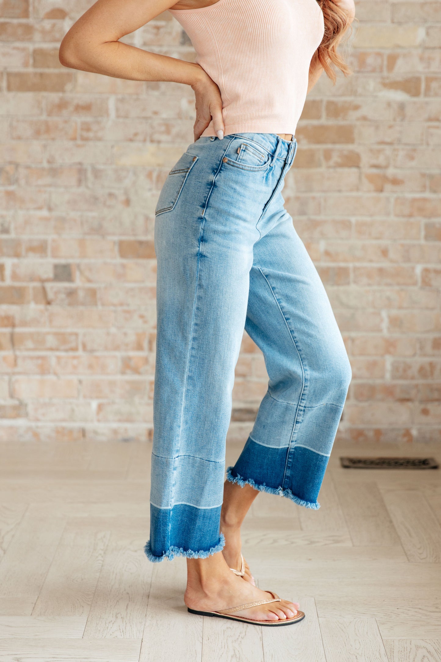 Olivia Judy Blue High Rise Wide Leg Crop Jeans in Medium Wash