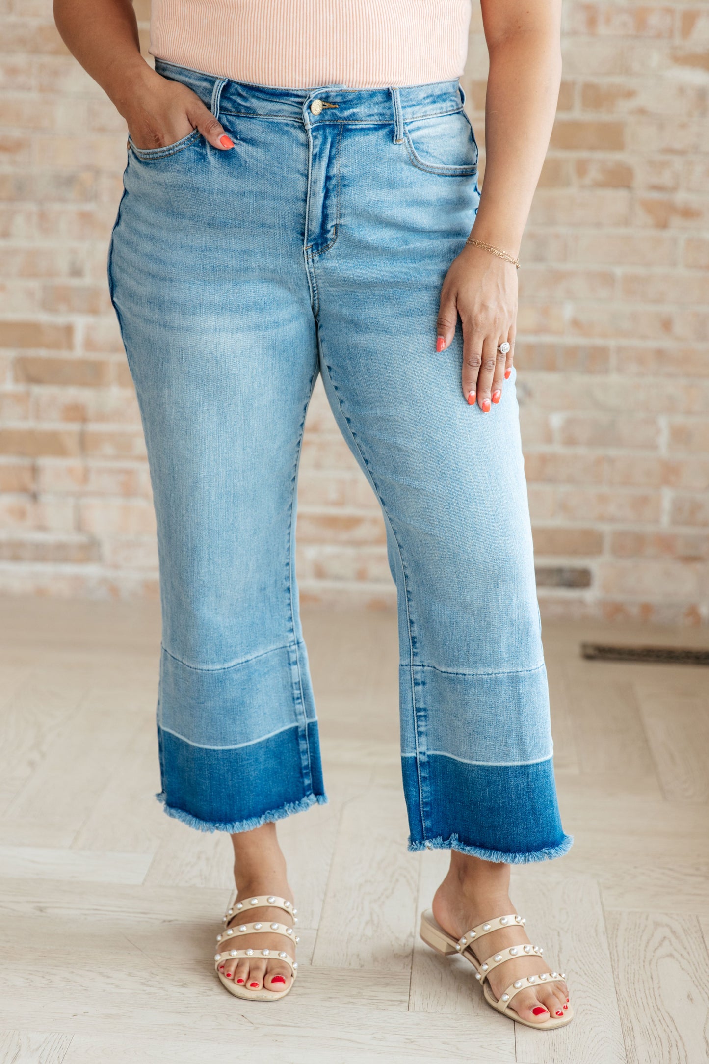 Olivia Judy Blue High Rise Wide Leg Crop Jeans in Medium Wash