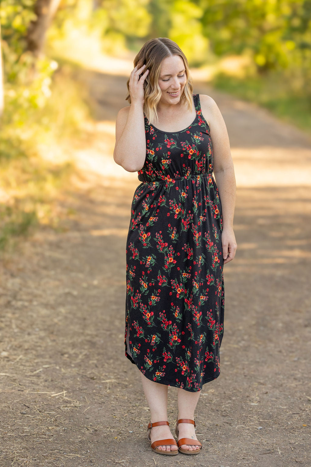 IN STOCK Reagan Ribbed Midi Dress - Black Floral