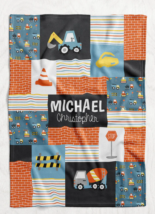 Personalized Boy's Construction Truck Blanket