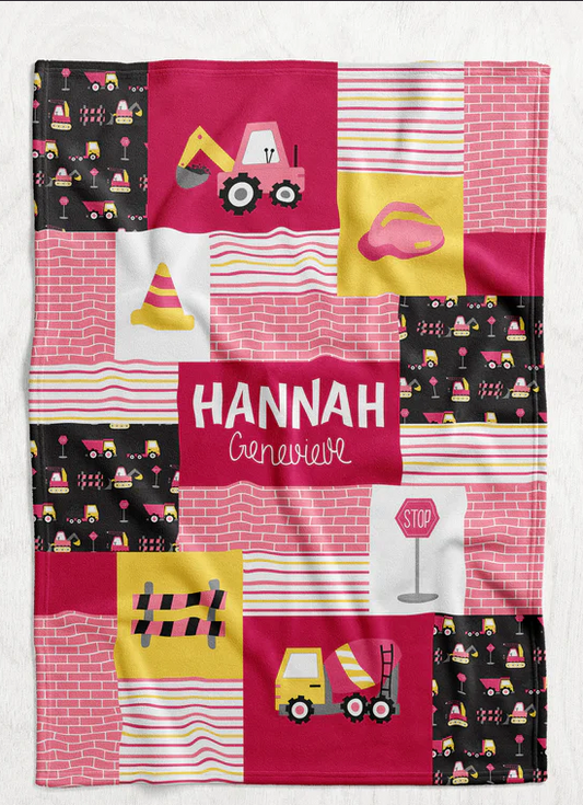 Personalized Girl's Construction Truck Blanket