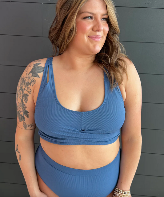 Summer Getaway Criss-Cross Swim Top- Dusty Blue