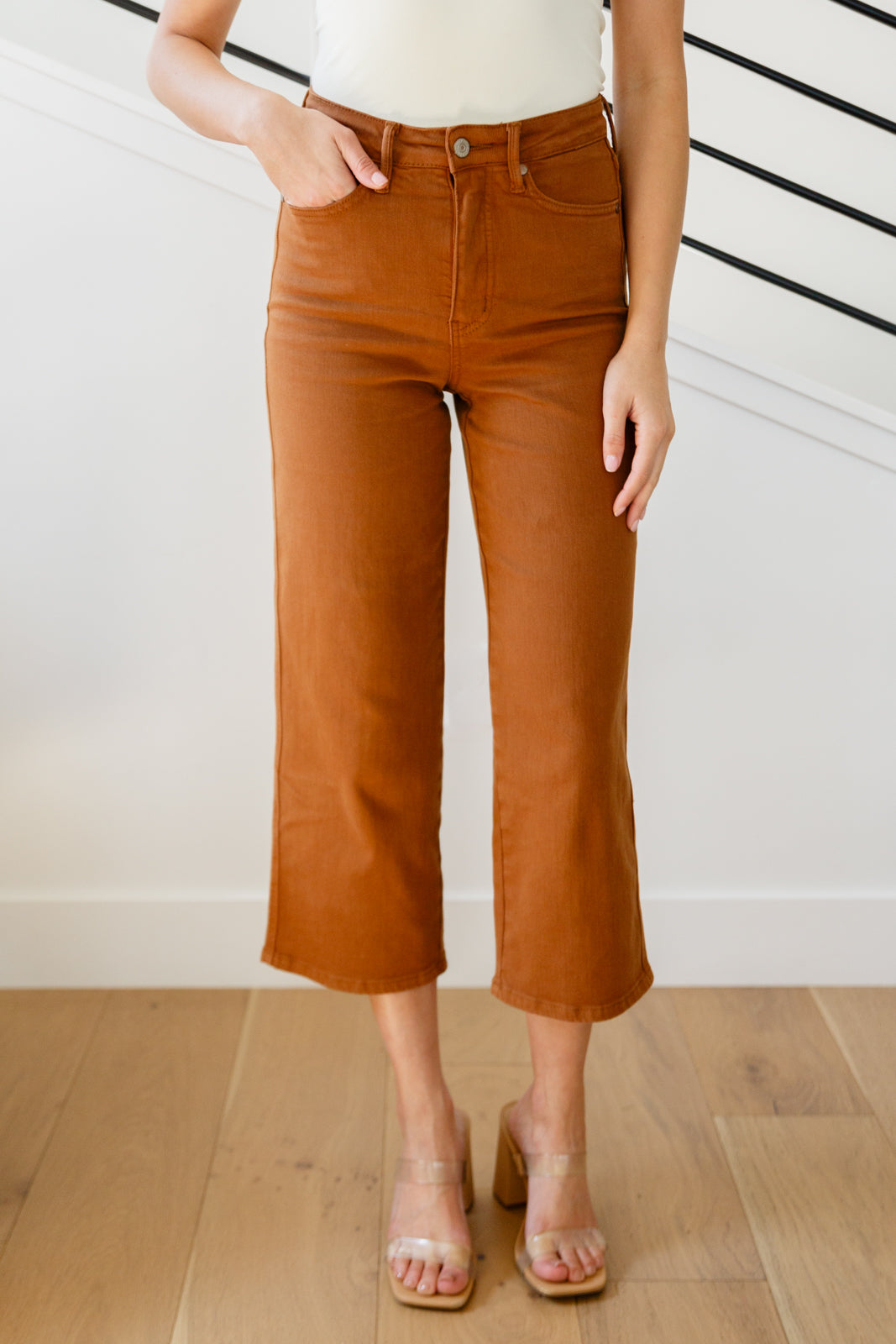 Judy Blue Briar High Rise Judy Blue Tummy Control Wide Leg Crop Jeans in Camel