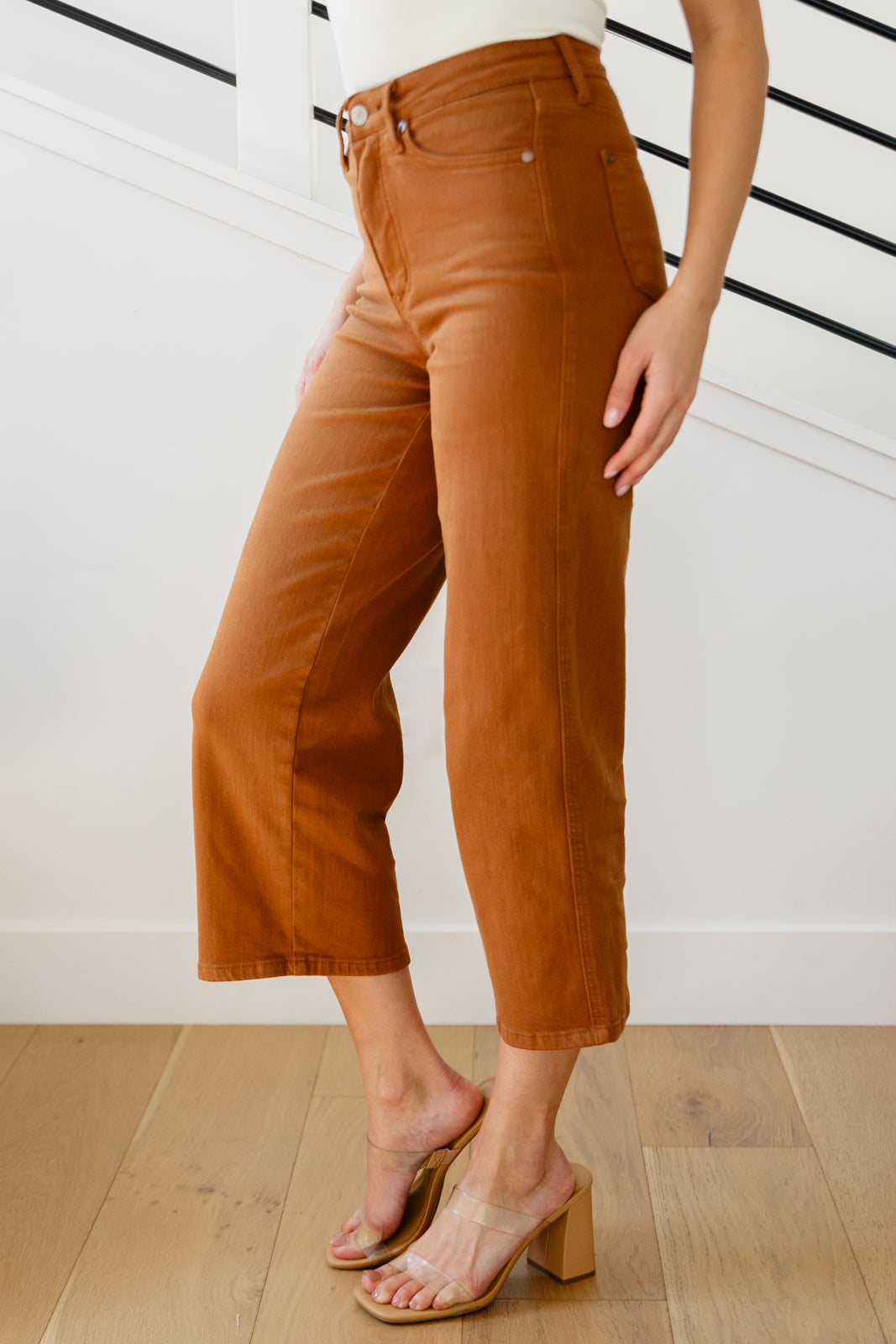 Judy Blue Briar High Rise Judy Blue Tummy Control Wide Leg Crop Jeans in Camel