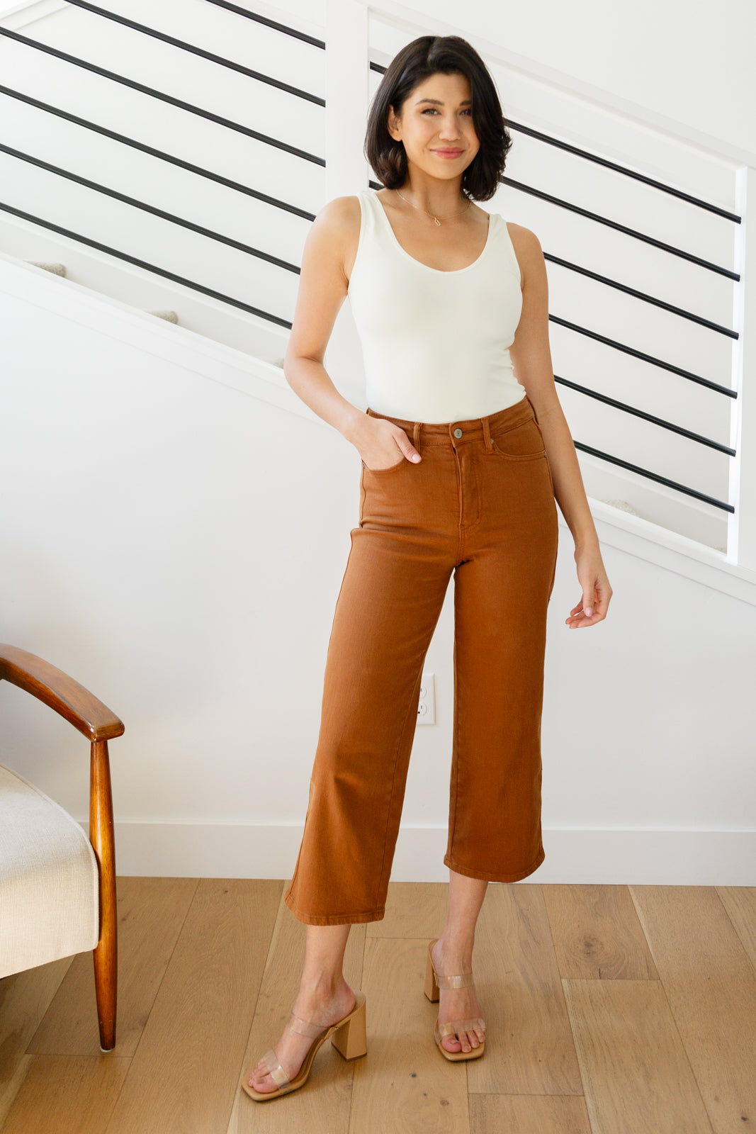 Judy Blue Briar High Rise Judy Blue Tummy Control Wide Leg Crop Jeans in Camel