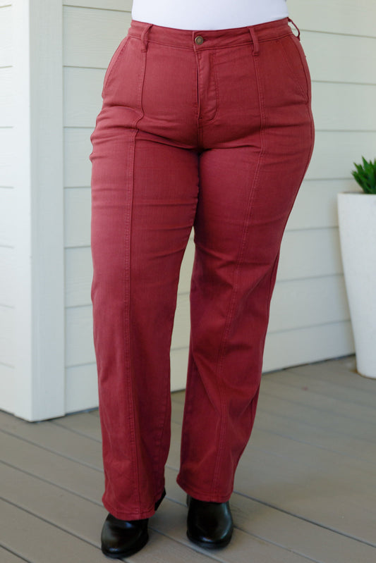 Judy Blue Phoebe High Rise Judy Blue Front Seam Straight Jeans in Burgundy