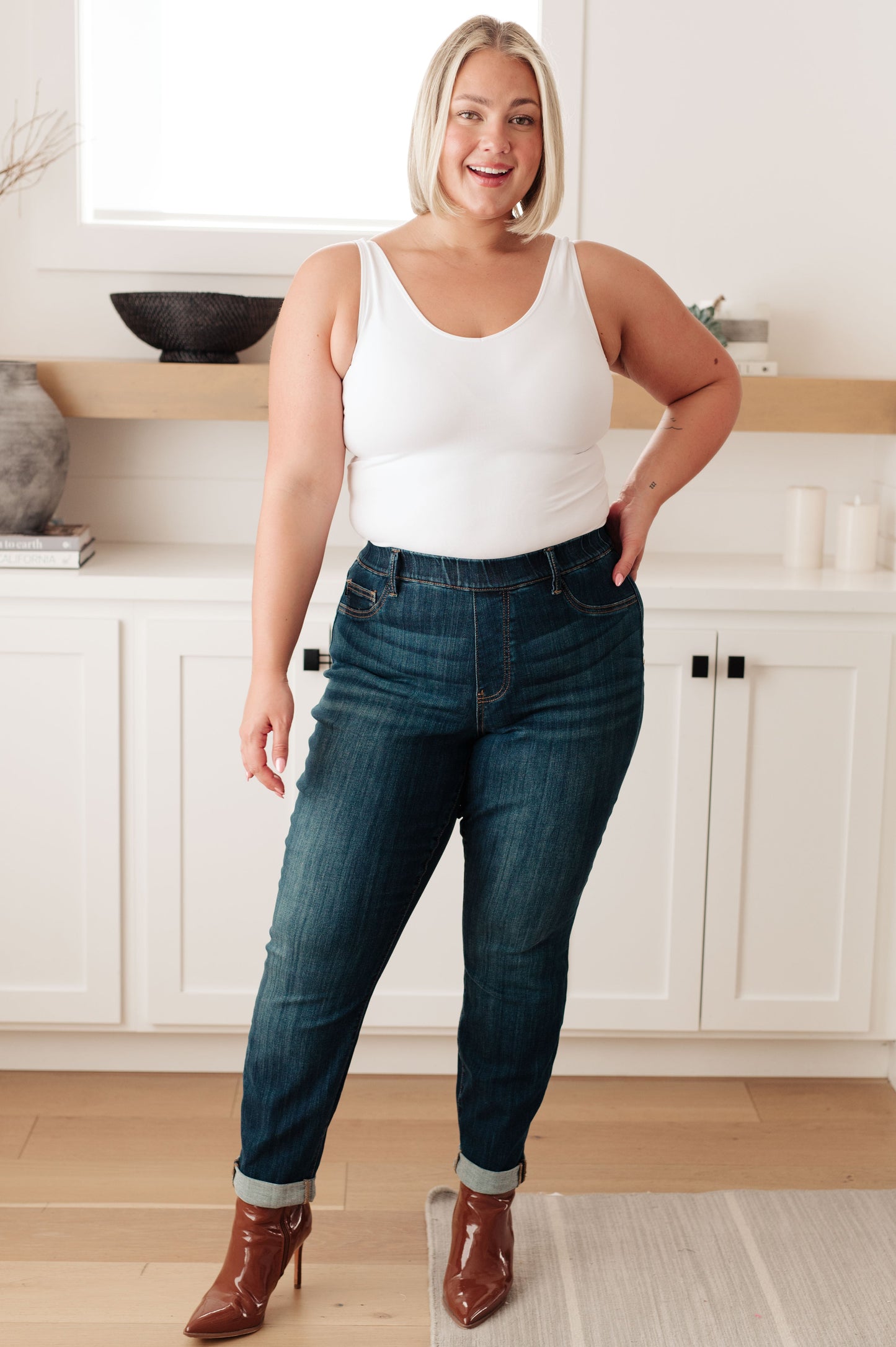 Rowena High Rise Judy Blue Pull On Double Cuff Slim Jeans