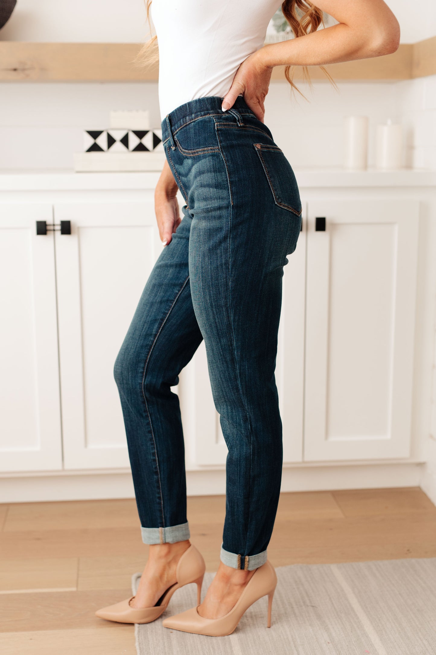 Rowena High Rise Judy Blue Pull On Double Cuff Slim Jeans