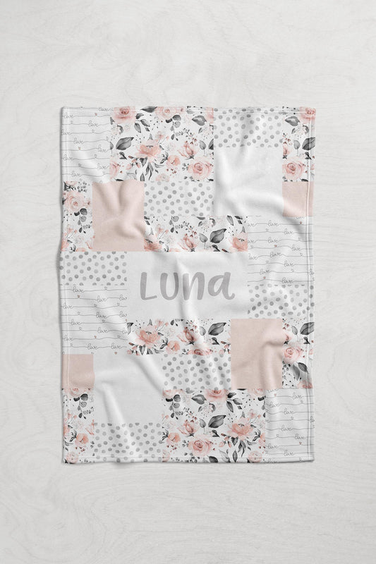 Personalized Pink & Gray Watercolor Floral Blanket